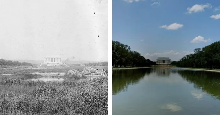 the lincoln memorial in 1920 before the reflecting pull was installed and the lincoln memorial as seen from across the expansive reflective pool
