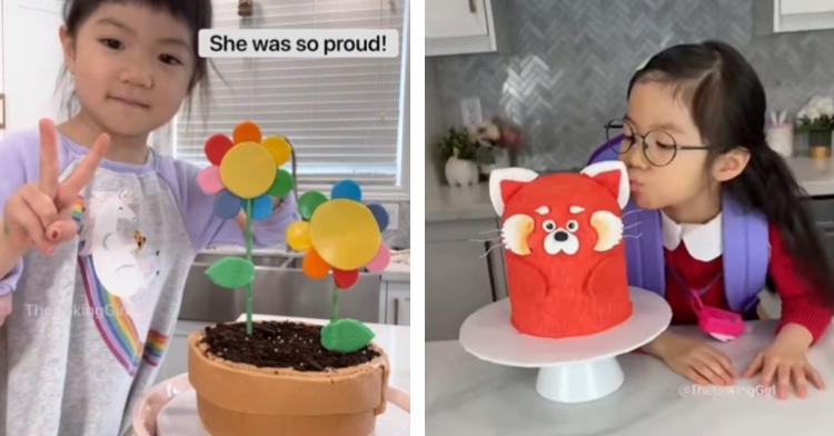 a two photo collage. the first is of 4-year-old ellis lo posing with a peace sign next to her flower pot cake. the text “she was so proud!” is edited onto the image. the second is also of ellis lo. she is dressed like mei from the movie “turning red.” she is posing as if she is kissing the red panda cake she made which was inspired by “turning red.”