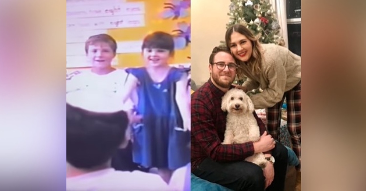 a two photo collage. the first is a screenshot from an old video of a kindergarten class singing. it’s a closeup of a little boy named justin and a little girl named davida. the second is a photo of justin and davida as adults. justin is smiling as he sits and holds a smiling white dog. davida is standing and leaning in close to justin as she smiles. a decorated christmas tree is just behind them.