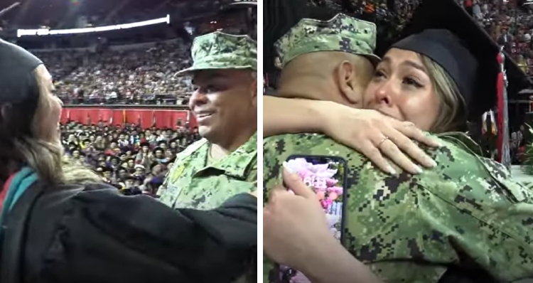 Military dad surprises daughter on graduation day.