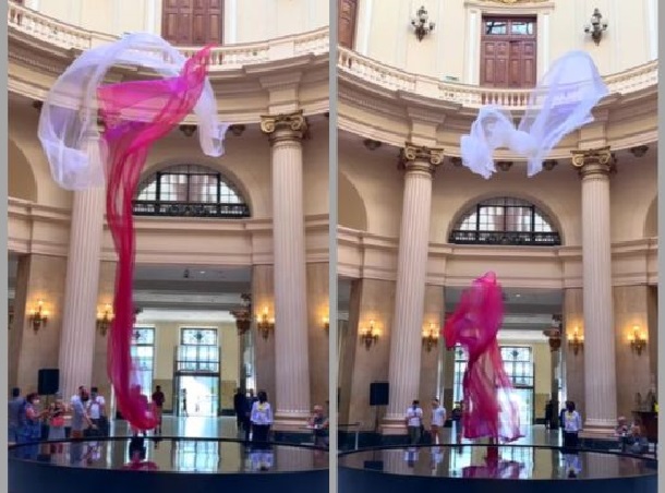 Two images of the air fountain displaying the variation in drifting material.