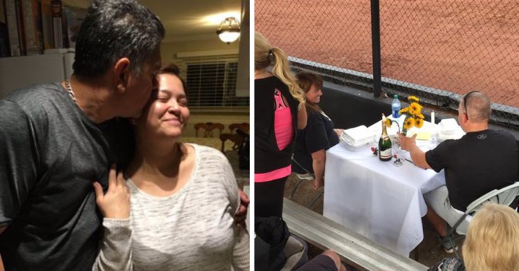 a couple on the left where the dad is kissing the mom's cheek, and a couple on the right where the mom and dad are sitting at a fancy table at a sports stadium