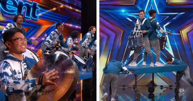 A two-photo collage. The first shows a side-view of six members of Pulse Percussion playing the drums and cymbals on “AGT,” and all of them are smiling. The second photo shows two drummers standing on a table on wheels that’s being pushed in a circle by two people.