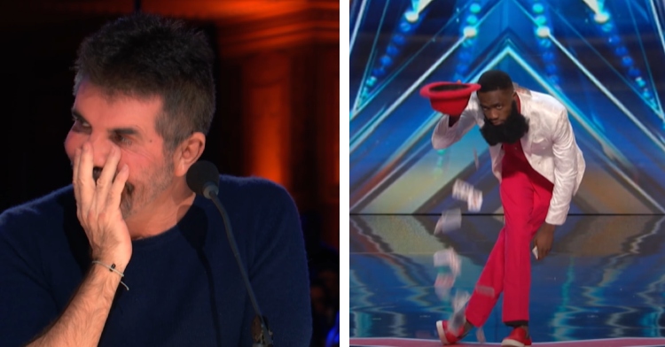 A two-photo collage. The first shows Simon Cowell laughing as he covers his face and looks away from the person auditioning for “AGT.” The second photo shows a man bowing as he tips his hat. Playing cards are falling from the hat and onto the floor.