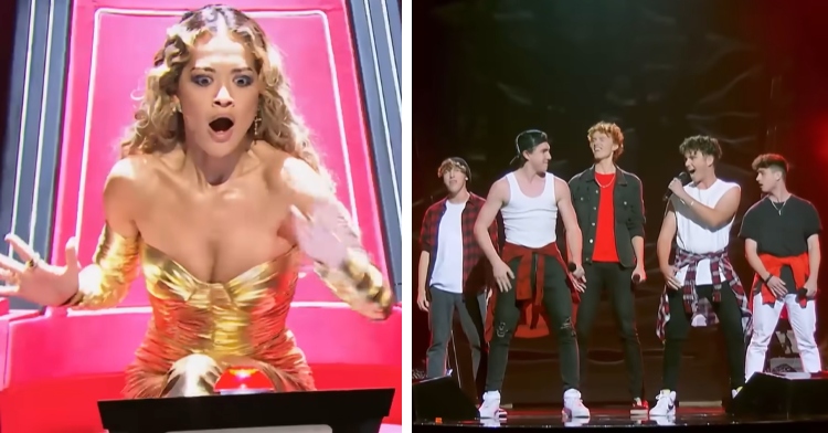 A two-photo collage. The first shows Rita Orta on “The Voice (AU).” Her mouth is open from shock as her hand hovers over the red button to turn her judge’s chair around. The second photo shows a five-member boy-band performing, all of which are dressed in 90s inspired clothes.