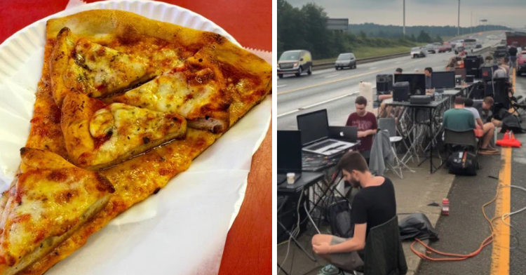 pizza pizza and computers in the road