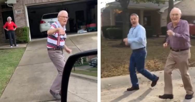 A two-photo collage. The first shows Haley Gamez' grandpa, Guywa, running alongside her car as she pulls away. A woman, seemingly grandma, stands near the house, smiling with her hands on her hips. The second photo shows Guywa, now running alongside the car with a younger man.