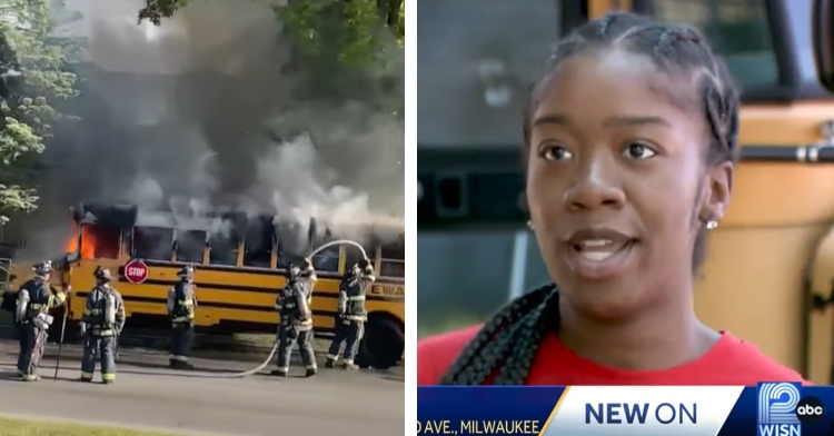 A two-photo collage. The first shows five firefighters work to put out the flames in the school bus Imunek Williams was driving. Flames can be seen in the drivers seat and lots of thick, black and grey smoke is coming out of all the windows. The second photo shows Imunek Williams talking to a new station while standing outside of a school bus.