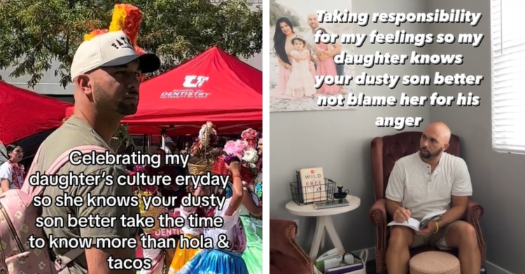 A two-photo collage. The first shows a man standing in a crowd, looking back at the camera. Text on the image reads: “Celebrating my daughter’s culture eryday so she knows your dusty son better take the time to know more than hola & tacos.” The second photo shows that same dad sitting in a chair as he writes in a notebook. Text on the screen reads: “Taking responsibility for my feelings so my daughter knows your dusty son better not blame her for his anger.”