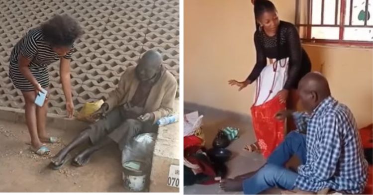 Two images showing lifestyle vlogger Julia Nnena helping a homeless retired officer move into an apartment she rented for him.