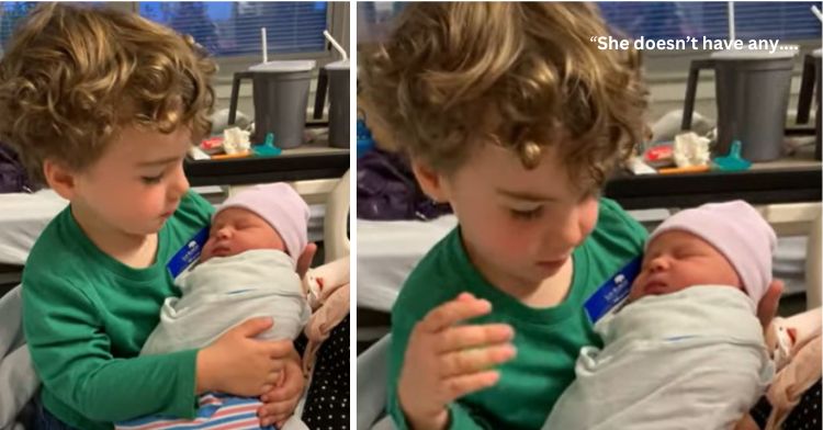 Images show a young boy holding his newborn sister.