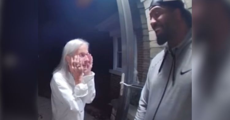 Security camera footage of an elderly woman and her neighbor.