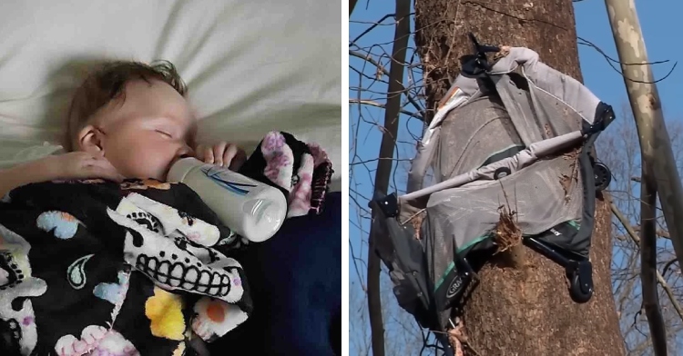 A two-photo collage. The first shows a sleeping baby who was swooped up by a tornado in Tennessee. The second photo shows a bassinet clinging to a tree after it was thrown there by a tornado.