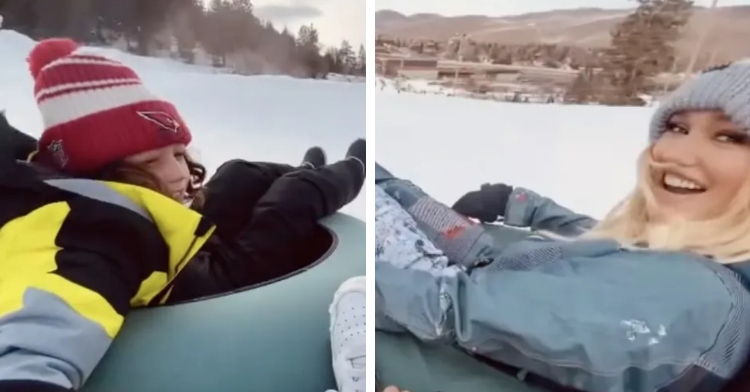 A two-photo collage. The first shows Apollo as he goes snow tubing with his mom, Gwen Stefani. The second photo shows Gwen Stefani looking back and smiling from her snow tube.