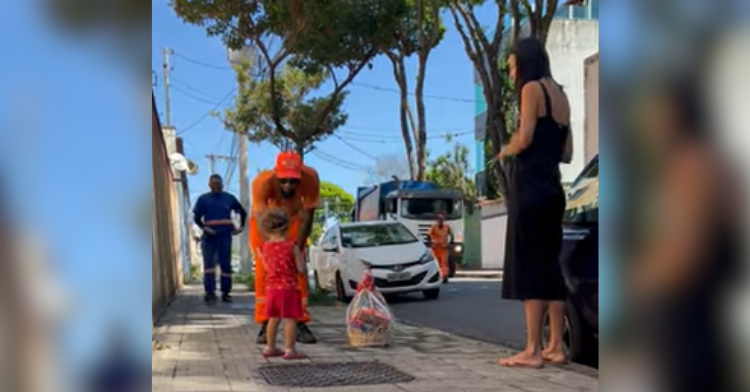 little girl with basket talks to garbage collector