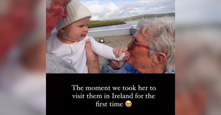 A couple of grandparents in Ireland hold their grandkid's new baby.