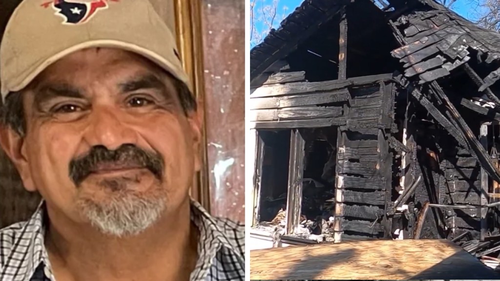 A two-photo collage. The first shows a close up of Albert Enriquez smiling. The second image shows a view of the Enriquez' burned down home that is no longer livable.
