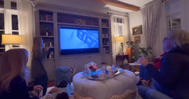 Kurt Russell and his family watching a Super Bowl commercial their dog starred in