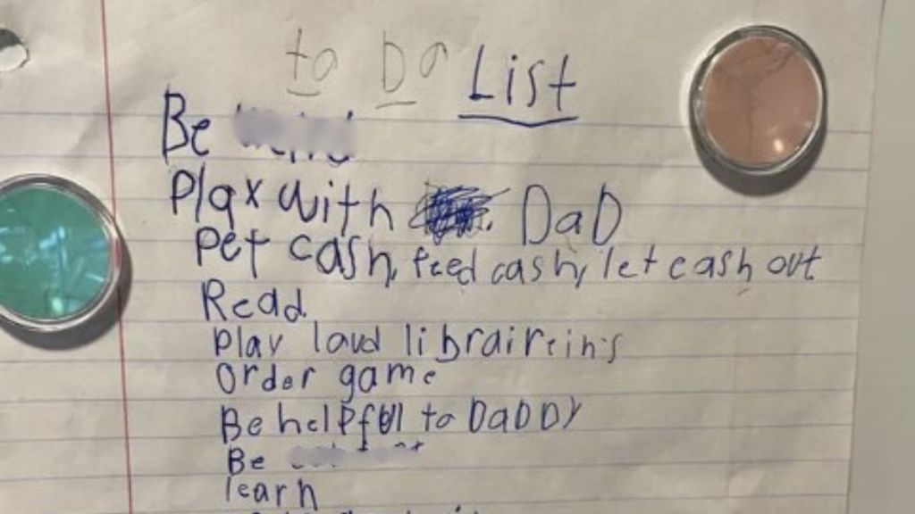 Image shows a To-Do List created by an 8 year old child.