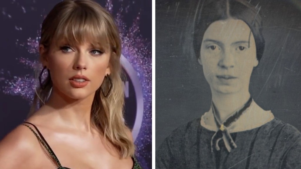 A two-photo collage. The first shows a close up of Taylor Swift looking off to the side as she poses on a red carpet. The second image shows a black-and-white photo of Emily Dickinson.