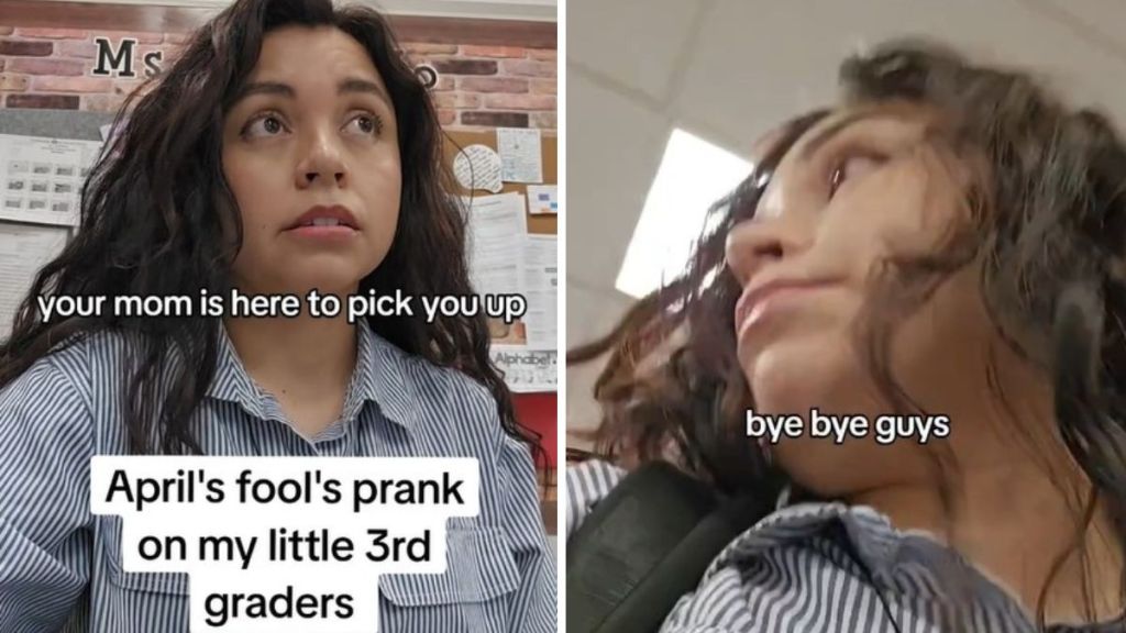 Left image shows the teacher getting a notice that her mom is there to pick her up. Right image shows the teacher leaving the classroom as she pulls a prank on her students.