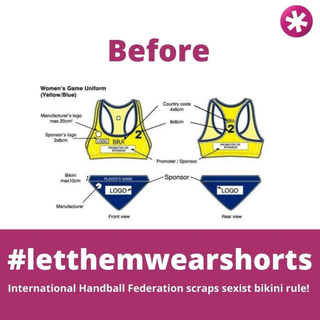 Diagram of the required uniform for women as found in the European Handball Federation rulebook. Text above: Before
Text below: #letthemwearshorts
International Handball Federation scraps sexist bikini rule!