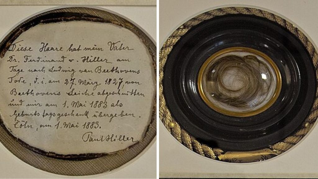 Left image shows handwritten letter from Paul Hill requesting information about the lock of Beethoven's hair in the right image.