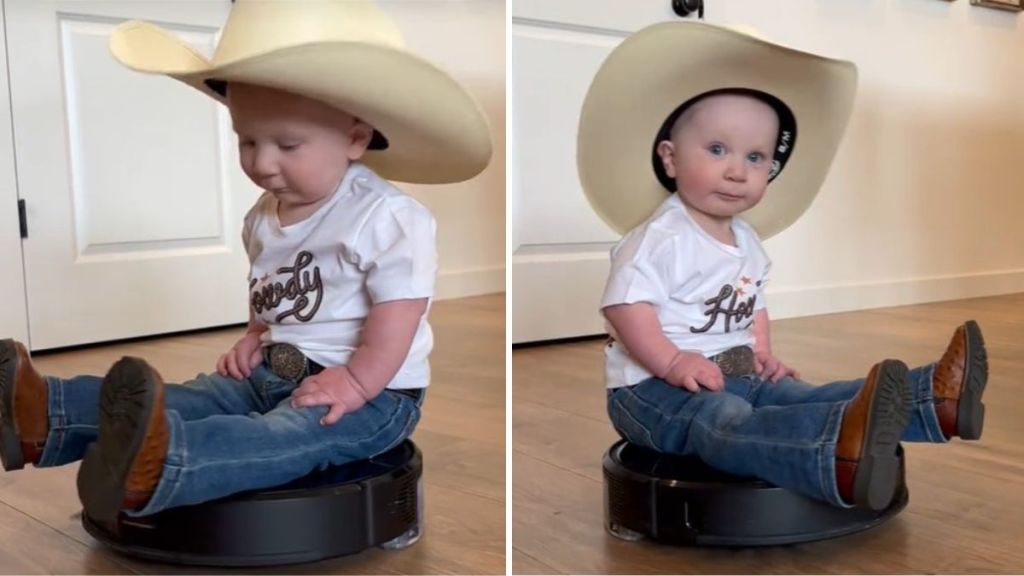 Images show a toddler riding on a Roomba in a full cowboy outfit.