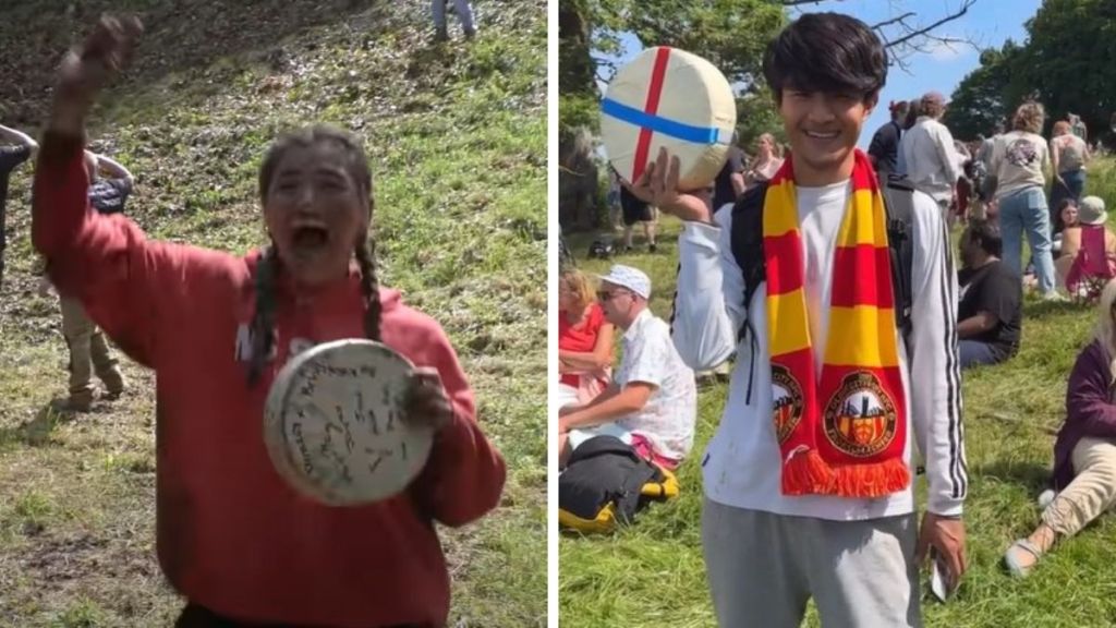 Left image shows Women's Cheese Rolling competition winner Abby Lampe. Right image shows a male winner in one of the men's races.