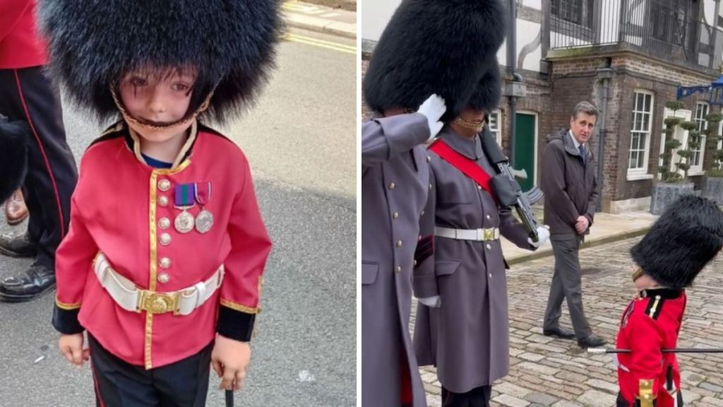Left image shows young Frank Gates in full Royal Guard uniform. Right image shows the young man receiving a salute from a Scots Guard.