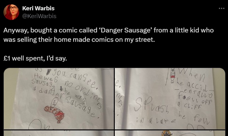Image shows the original viral tweet from Keri Warbis after she purchased a Danger Sausage comic from a neighbor.