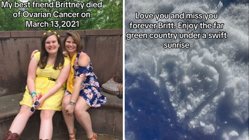 Left image shows friends Emily and Brittany before Brittany lost her battle with cancer. Right image shows a heart drawn in snow with a message for Brittany.