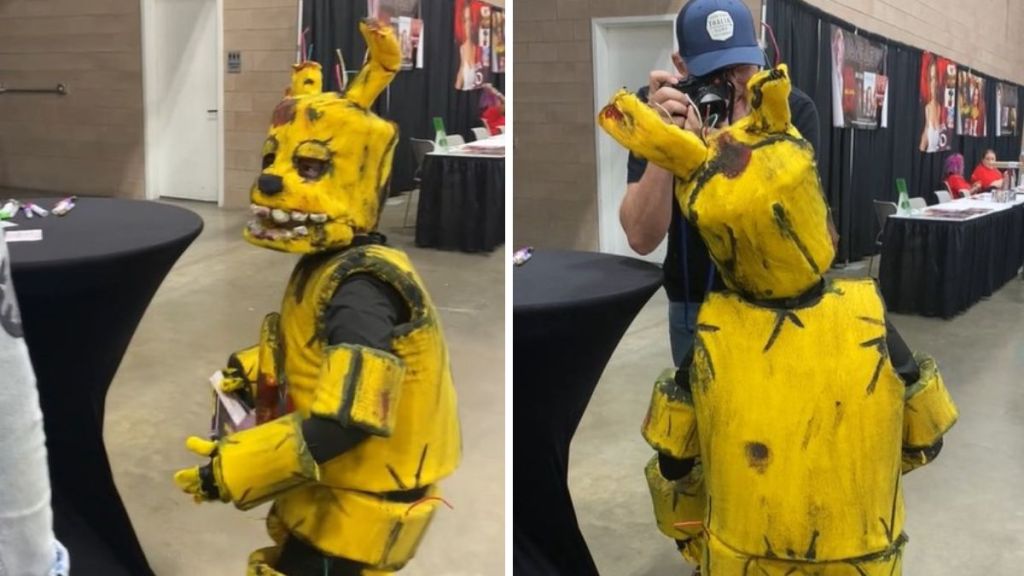 Left image shows a kid wearing a Springtrap costume. Right image shows Matthew Lillard fanboying over the young man's costume.