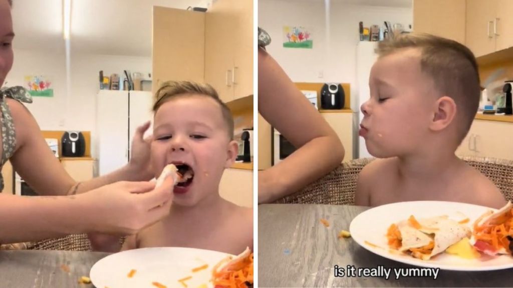 Left image shows a mom feeding her toddler a burrito. Right image shows the toddler admitting that it was yummy.