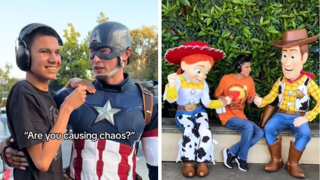 Left image shows an autistic teen interacting with Captain America at Disneyland. Right image shows Thomas with Disney characters Woody and Jessie.
