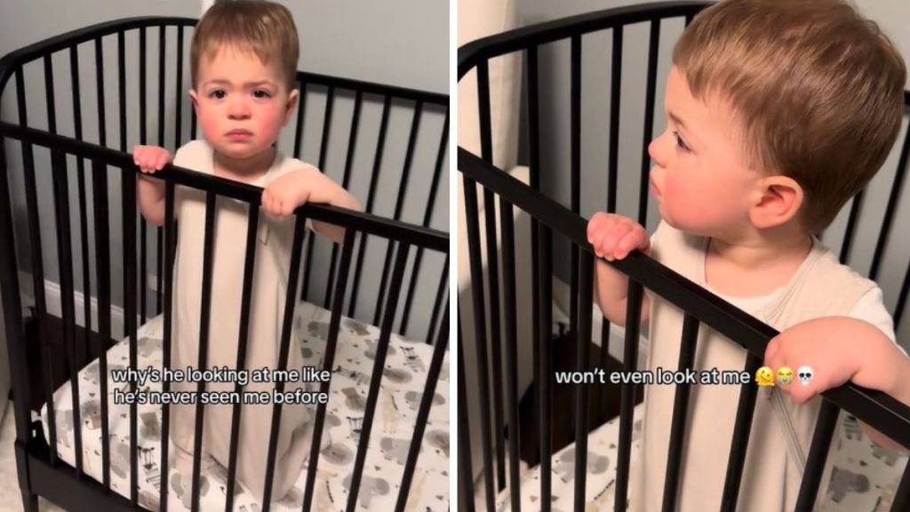 Left image shows a toddler in a crib looking at his mom as she returns from a trip. Right image shows him turning away from her as if he's upset.