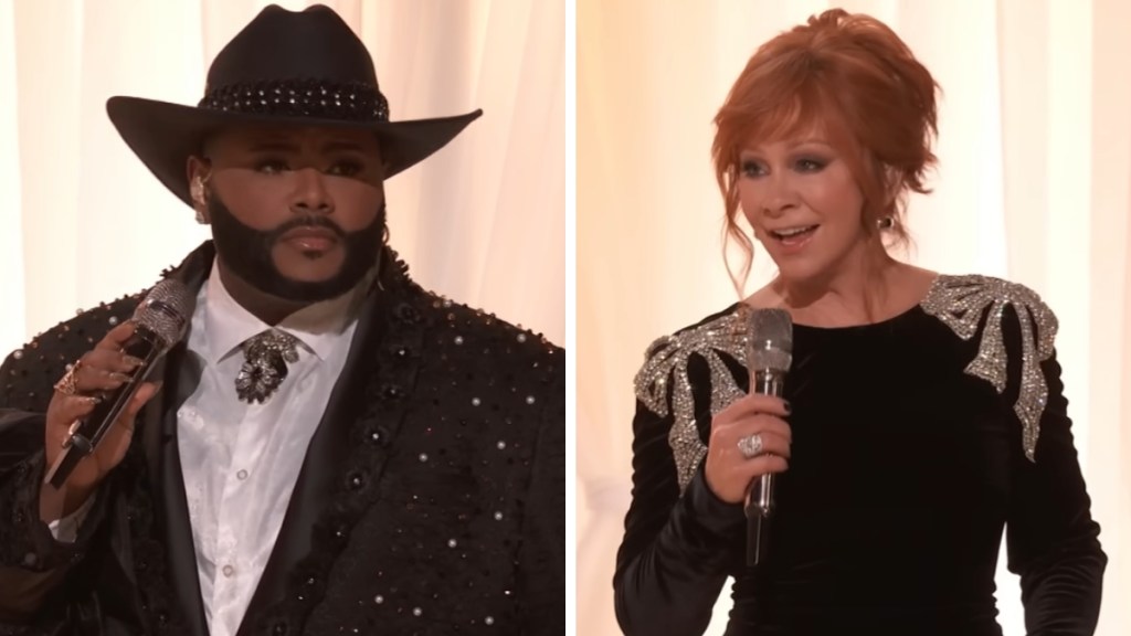 A two-photo collage. The first shows Asher HaVon looking serious as he holds a mic in his hands. The second image shows Reba McEntire singing into a mic.