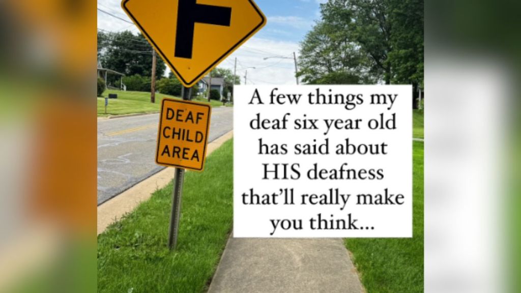 A neighborhood street with text overlayed from a deaf boy's mom.