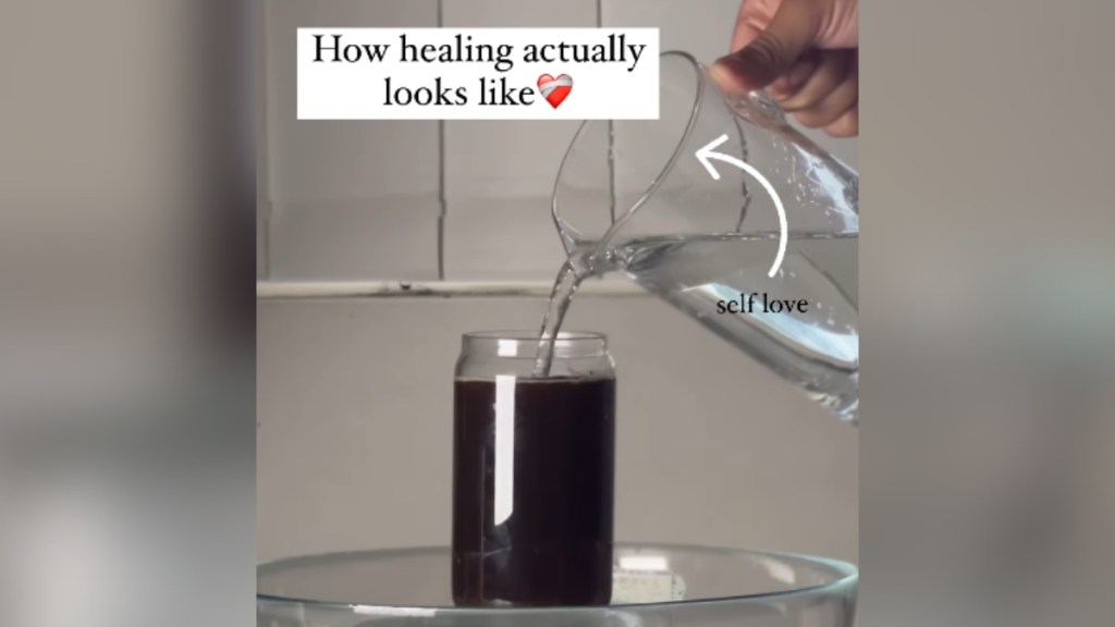 Someone off-screen pours a pitcher of water into a cup of something dark. Text on the image reads: How healing actually looks like