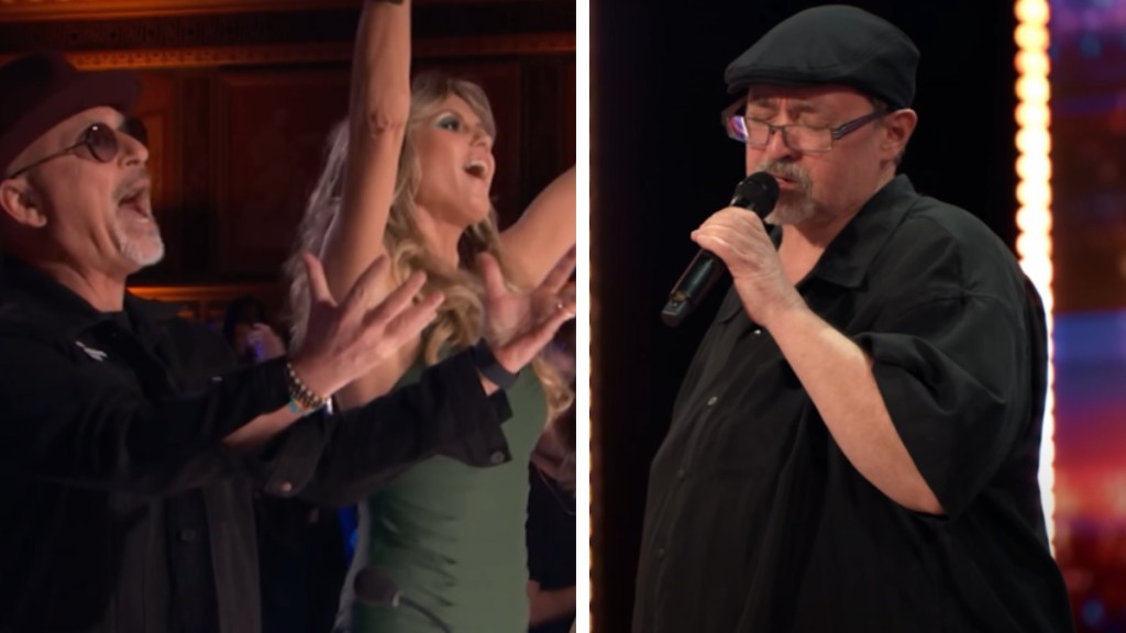A two-photo collage. The first shows Howie Mandel and Heidi Klum standing as they cheer, mouths wide open. Klum's arms are in the air and Mandel is clapping. The second image shows janitor Richard Goodall singing, eyes closed
