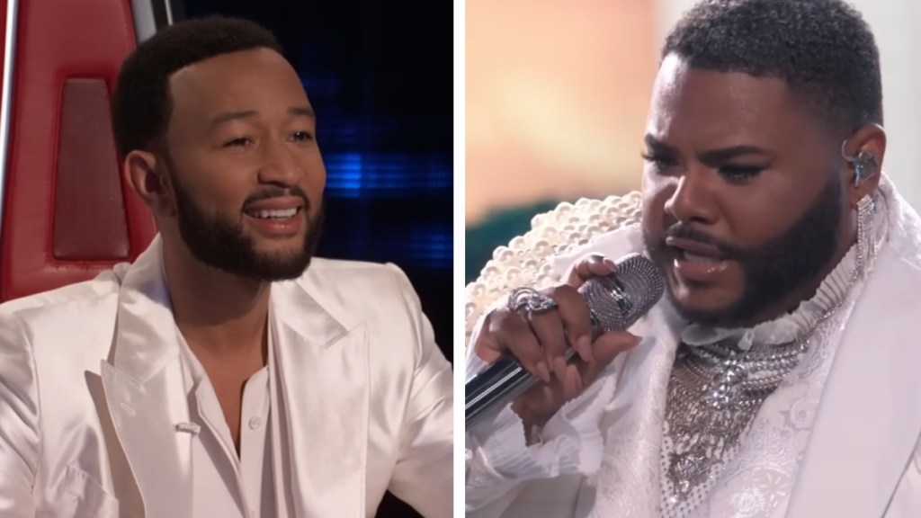 A two-photo collage. The first shows John Legend smiling as he sits from his seat on "The Voice." The second shows Asher HaVon singing passionately.