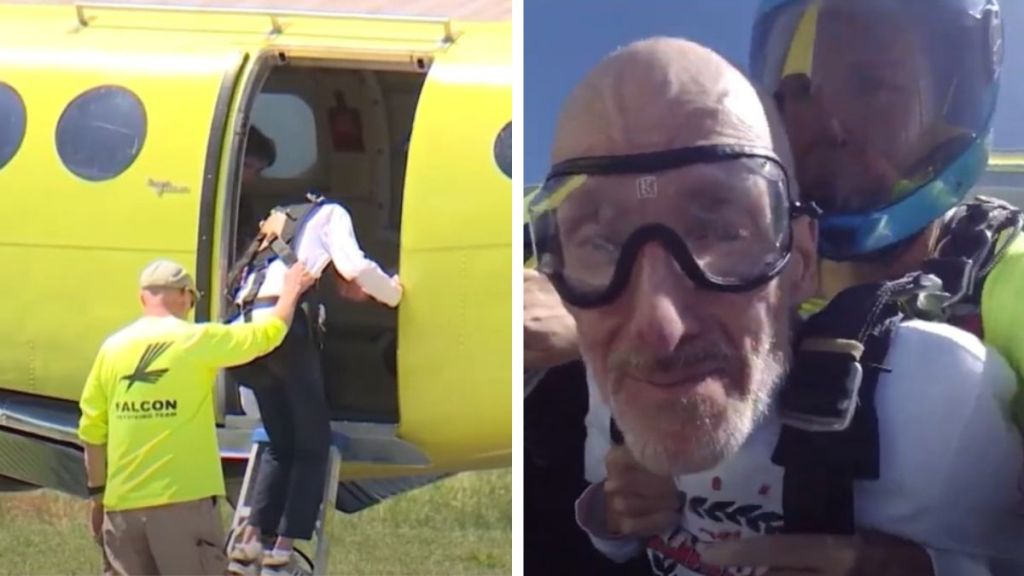 Left image shows Mark Johnson climbing into an airplane. Right image shows ALS patient Mark with his jumpmaster preparing to jump out of a plane for Mark's skydiving adventure.