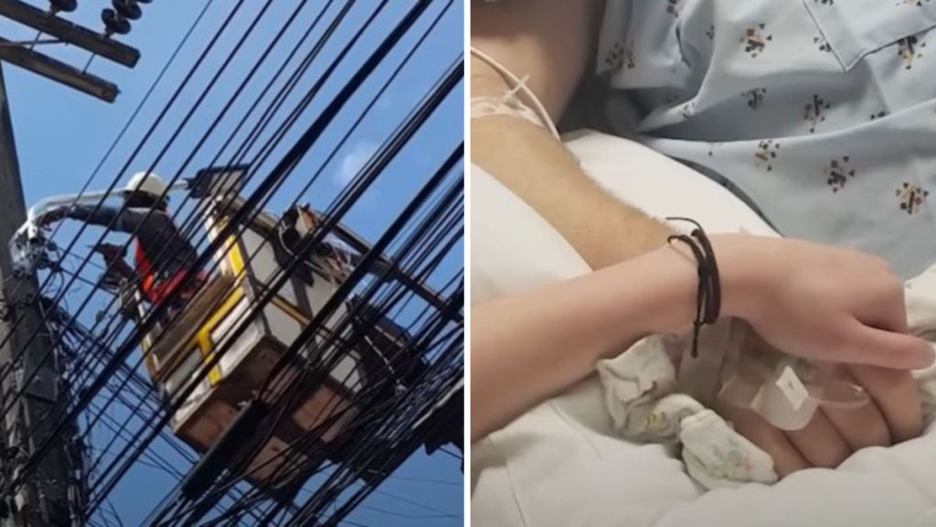Left image shows a lineman leaning out of a high-rise bucket during line repairs. Right image shows Aaron James holding his wife's hand in the hospital after a near-fatal accident.