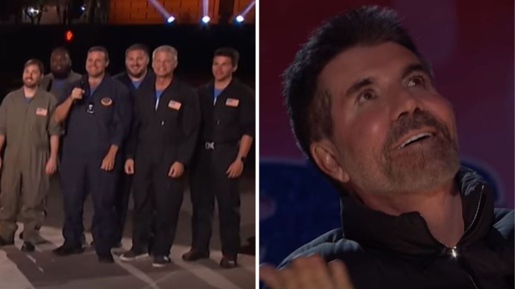 Left image shows Sky Elements drone pilots. Right image shows America's Got Talent judge Simon Cowell with a look of amazement.