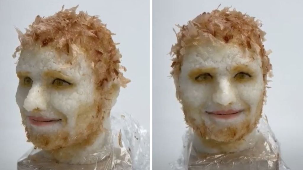 Images show two angles of celebrity sushi art featuring an Ed Sheeran bust made from sushi.