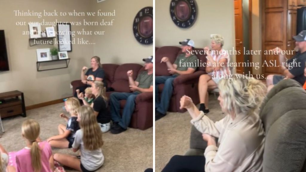 Images show an entire family sitting in a living room learning sign language.