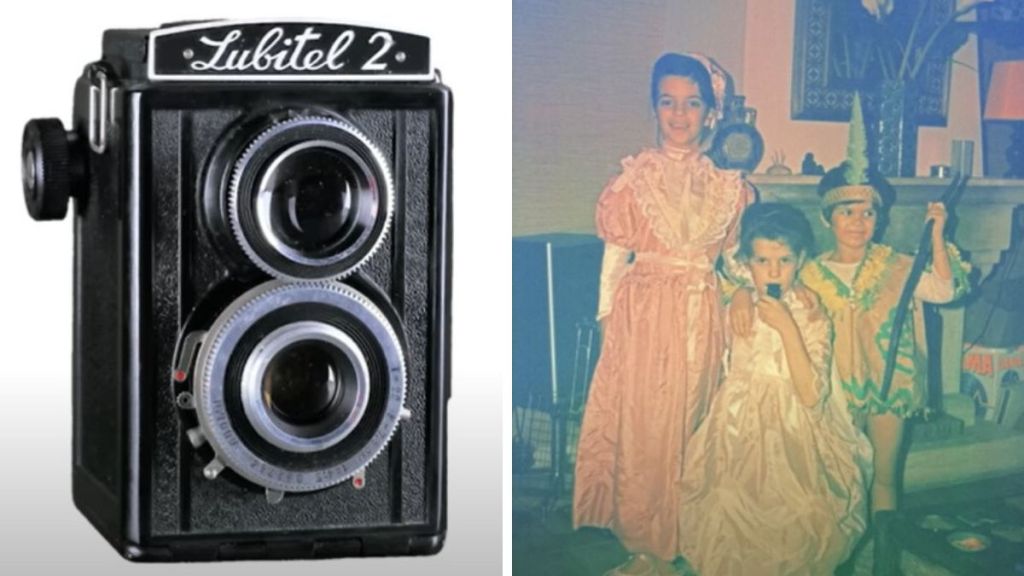 Left image shows a camera found at a flea market. Right image shows three children captured on the film that was left in the camera.