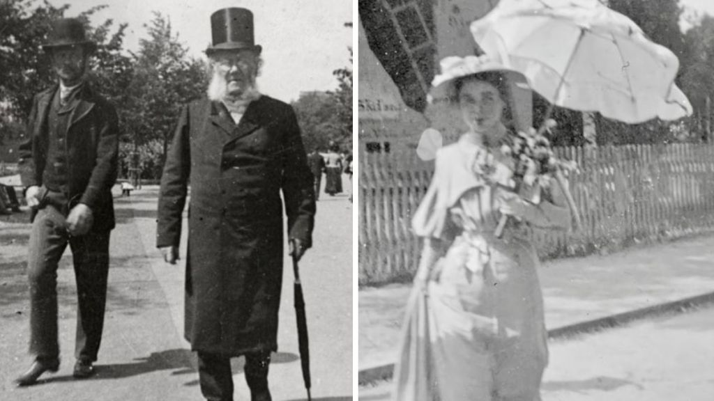 Left image shows Henrik Ibsen. Right image shows an unidentified woman walking with a parasol.