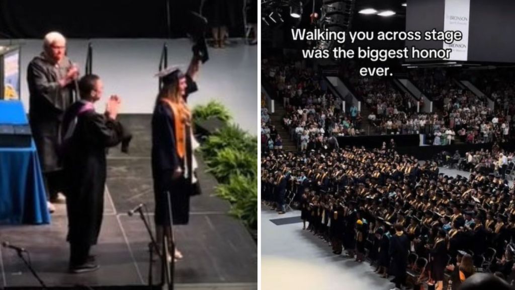 Left image shows Jenna Howard's BFF Kadyn Mackey picking up her diploma after jenna passed away suddenly 6 days earlier. Right image shows the crowd offering a standing ovation for Jenna.