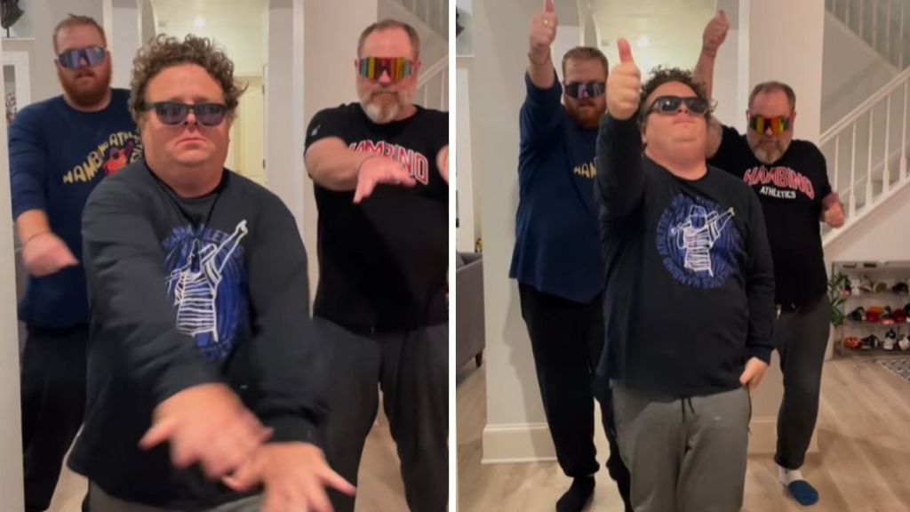 Images show a trio of dads led by Patrick Renna performing silly dance routines.